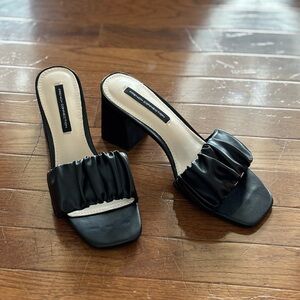 French Connection Black Vegan Leather Ruffled Sauare Toe Sandals